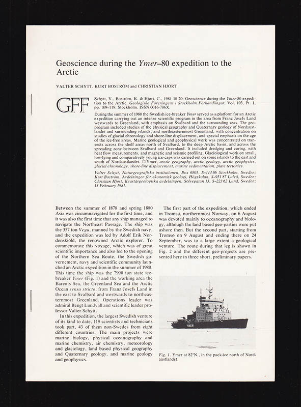 Schytt, Valter (1919-1985) ; Boström, Kurt ; Hjort, Christian : Geoscience during the Ymer-80 expedition to the Arctic