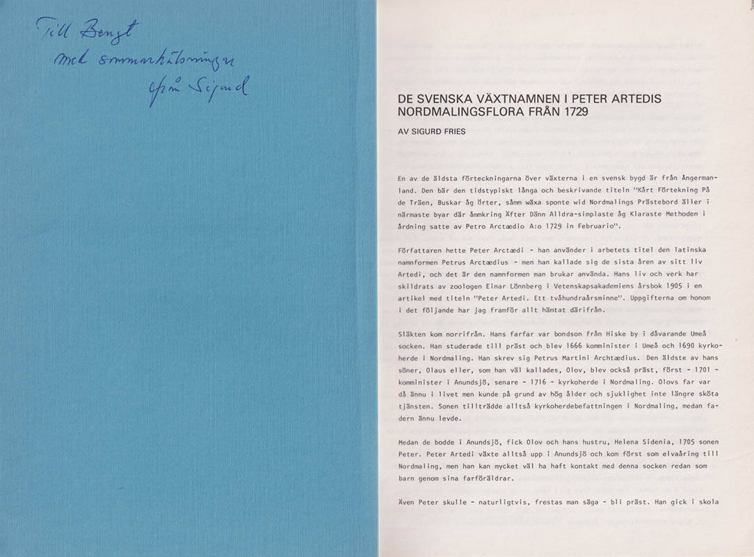 Sigurd Fries : De svenska växtnamnen i Peter Artedis Nordmalingsflora från 1729