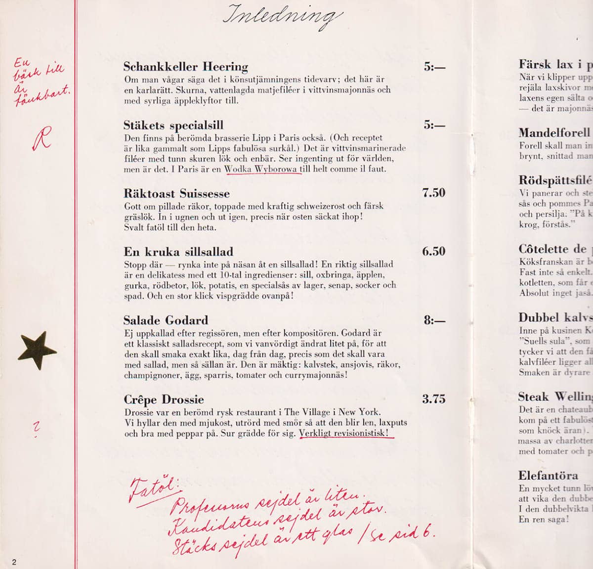 Stäket Matsedel. Direktion