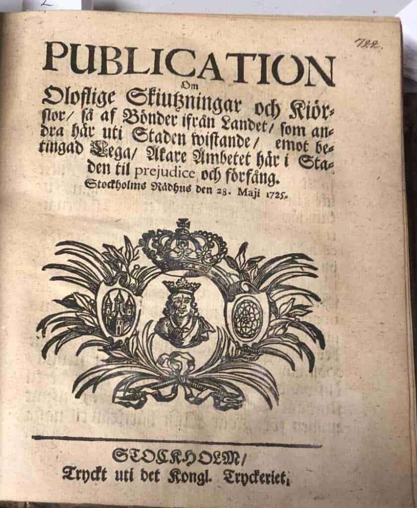 (Svarttaxi 1725)) Publication om Oloflige Skiutsningar och kiörslor/så af Bönder ifrån landet/som andra häruti Staden Wistande...