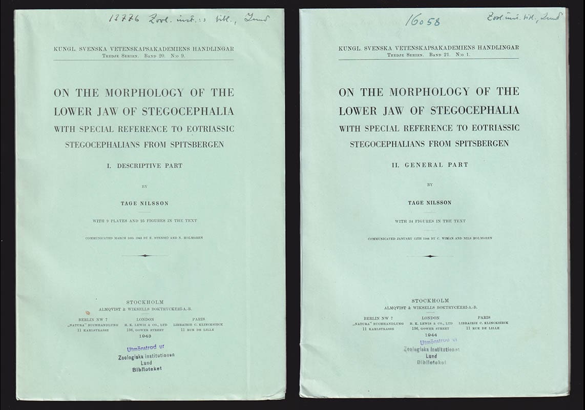 Tage Nilsson : On the Morphology of the lower jaw of Stegocephalia with special reference to Eotriassic Stegocephalians from Spitsbergen. Part I. Descriptive part. Part II. General part. (komplett)