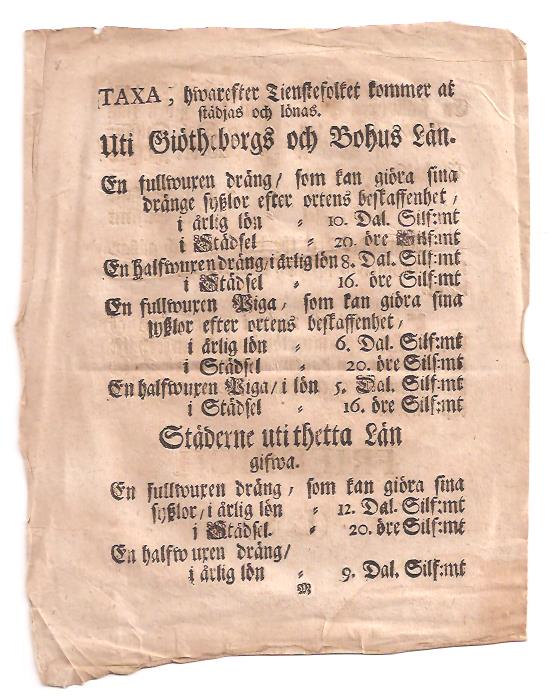 Taxa hwarefter Tienstefolcket kommer at städjas och lönas Uti Giötheborgs och Bohus Län