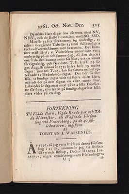 Torsten Wassenius : FÖRTEKNING. På Födda Barn, Vigda Brude-par och Döda Människor, uti Wassenda Församling vid Venersborg, på de 40 sistledna åren, ingifven AF Torstan J. Wassenius