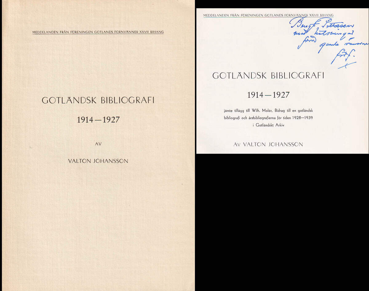 Valton Johansson : Gotländsk bibliografi 1914-1927 jämte tillägg till Wilh. Molér, Bidrag till en gotländsk bibliografi och årsbibliografierna för tiden 1928-1939 i Gotländskt Arkiv