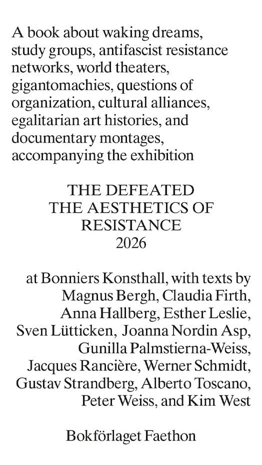 Weiss, Peter ; Palmstierna-Weiss, Gunilla ; Toscano, Alberto ; Rancière, Jacques ; Hallberg, Anna ; Nordin, Joanna ; Bergh, Magnus ; Schmidt, Werner ; Leslie, Esther ; Firth, Claudia ; West, Kim ; Strandberg, Gustav : The Defeated. The Aesthetics of Resistance 2026