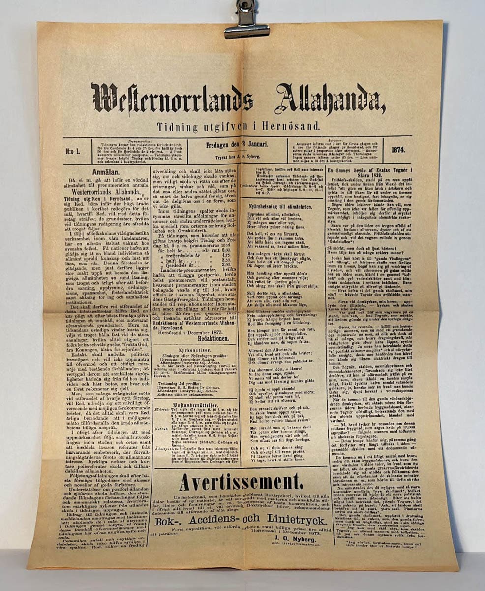 Westernorrlands Allahanda. Tidning utgifven i Hernösand. N:o 1. Fredagen den 2 Januari 1874. Tryckt hos J. O. Nyberg