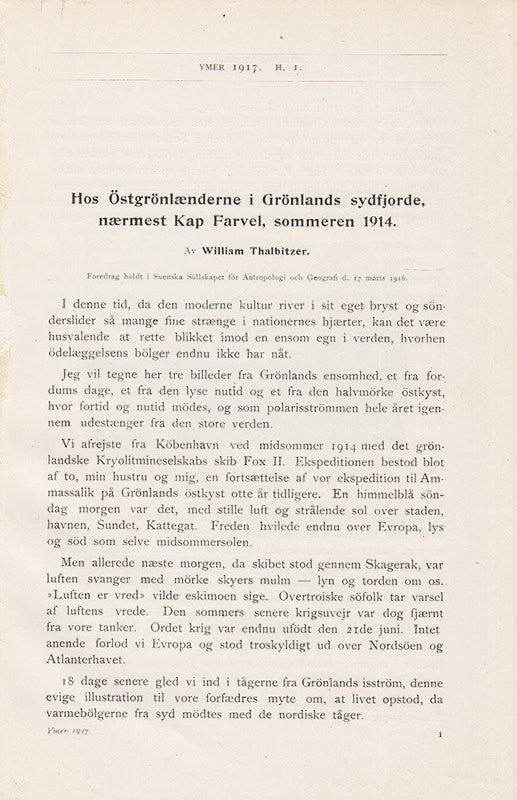 William Thalbitzer : Hos Östgrönlænderne i Grönlands sydfjorde, nærmest Kap Farvel, sommeren 1914