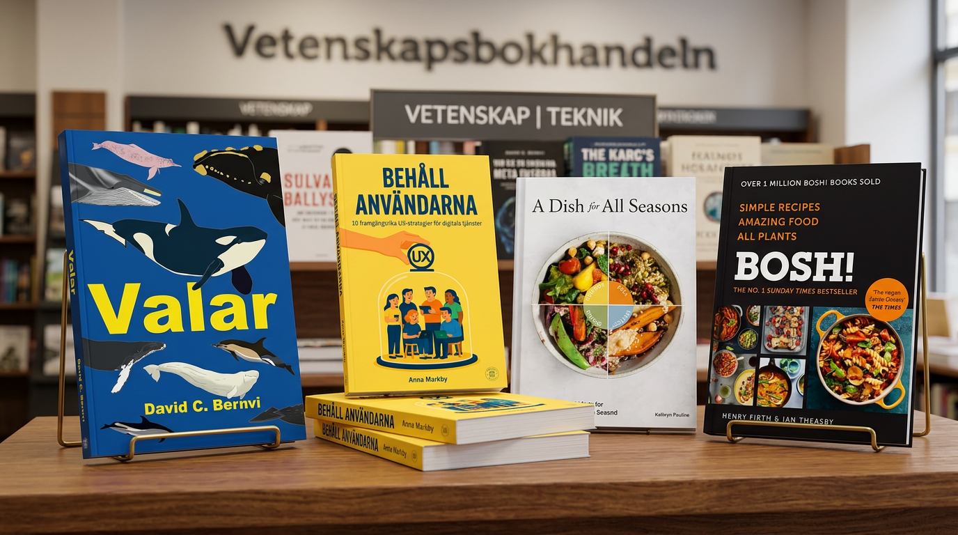 Fem handplockade böcker om vetenskap och teknik – maj 2026 (AI-genererad bild, böckernas fysiska utseende kan skilja sig från denna representation.)