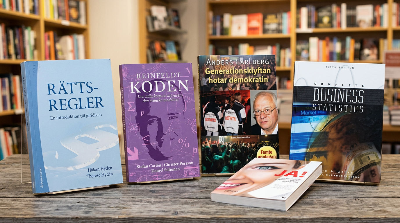 Intressanta böcker om politik och samhälle – augusti 2026 (AI-genererad bild, böckernas fysiska utseende kan skilja sig från denna representation.)