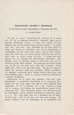 Alarik Behm : Naturskydd, särskilt i Jämtland