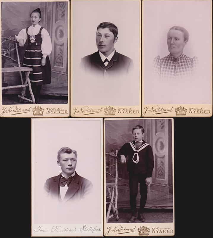 [Ateljéfotografi ; Kabinettfotografi ; 5 st] : Jonas Nordstrand (1869-1910) Nyåker 4 st + Skellefteå (fotograf)