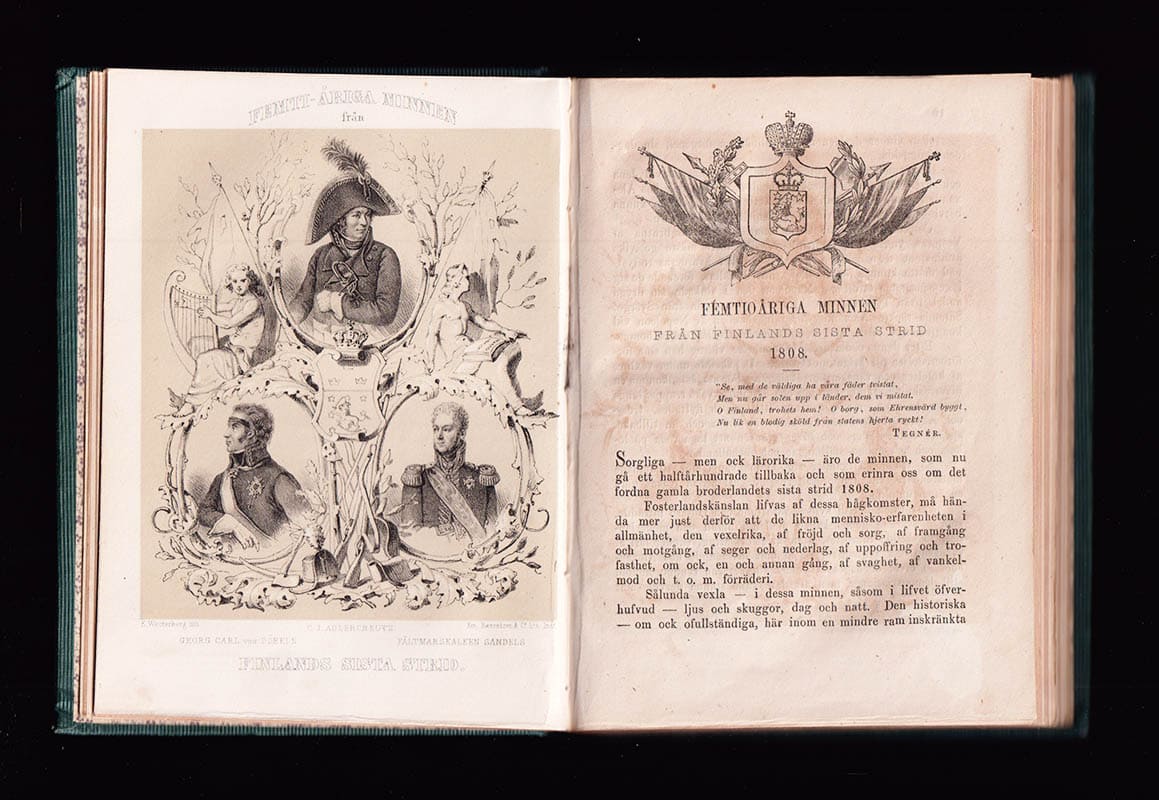 [Finska kriget 1808-09 ; Gustaf Adolph Montgomery (1791-1861) ; Esaias Tegnér (1782-1846)] : Svea Folk-Kalender för 1859. Femtonde årgången. Med bidrag af Onkel Adam, J. M. Crusenstolpe, Förf. till 'Sjöjungfruns Sagor', Fr. Hedberg, Ax. Em. Holmberg, Kjellman-Göranson, G. Montgomery, samt hittills otryckta stycken af Gudm. Silfberstolpe och Esaias Tegnér. Med 29 illustrationer i lithografi och träsnitt