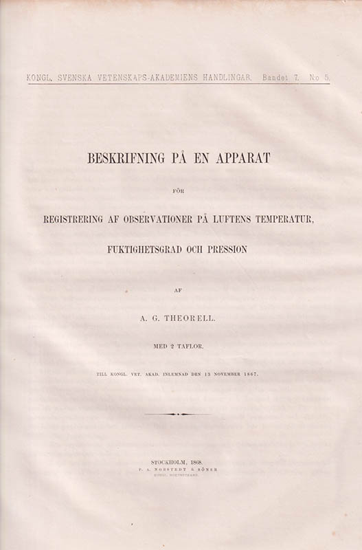 A. G. Theorell : Beskrifning på en apparat för registrering af observationer på luftens temperatur, fuktighetsgrad och pression. Med 2 taflor