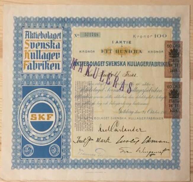 Aktiebrev AB Svenska Kullagerfabriken 100 kr