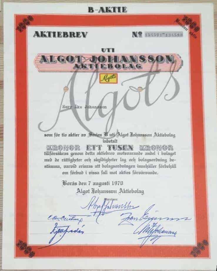 Aktiebrev Algot Johansson AB 1000 kr