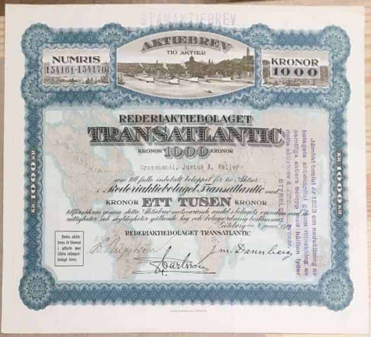 Aktiebrev Rederiaktiebolaget Transatlantic 1000 kr
