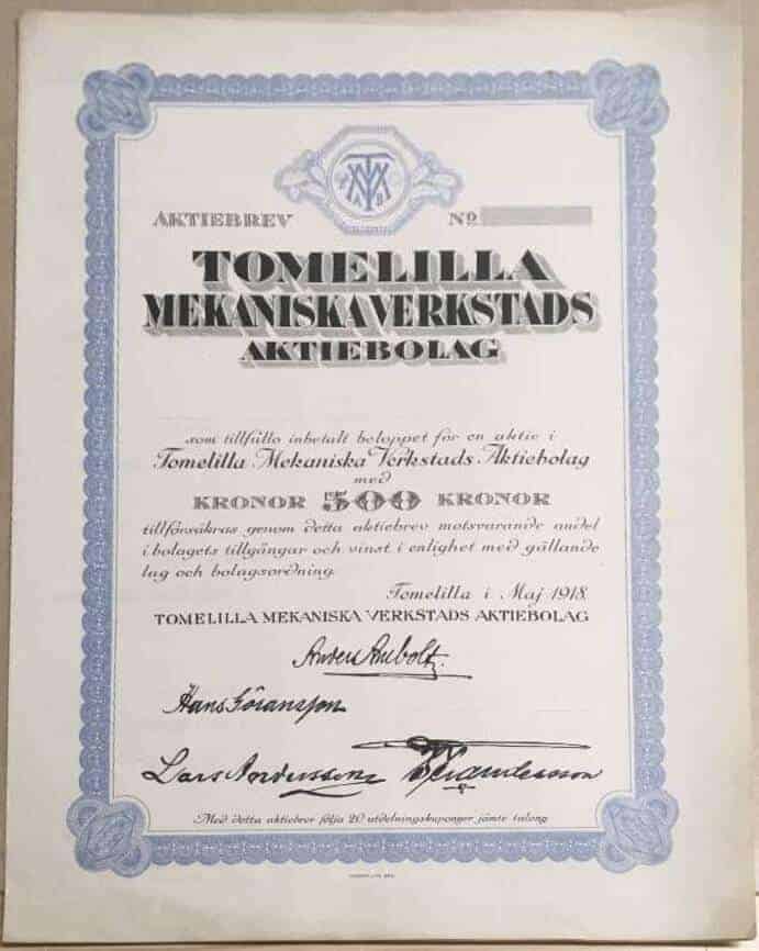 Aktiebrev Tomelilla Mekaniska verkstads AB 500 kr