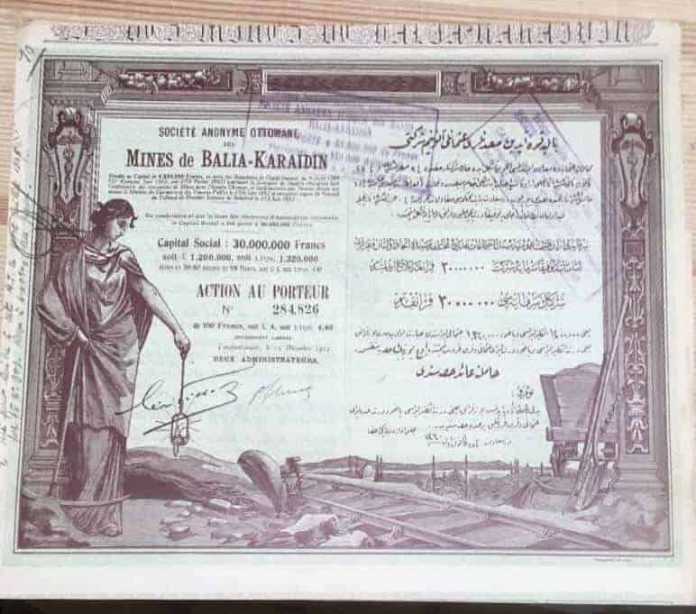 Aktiebrev/Stock certificate Societe Anonyme Ottomane des Mines de Balia-Karaidin