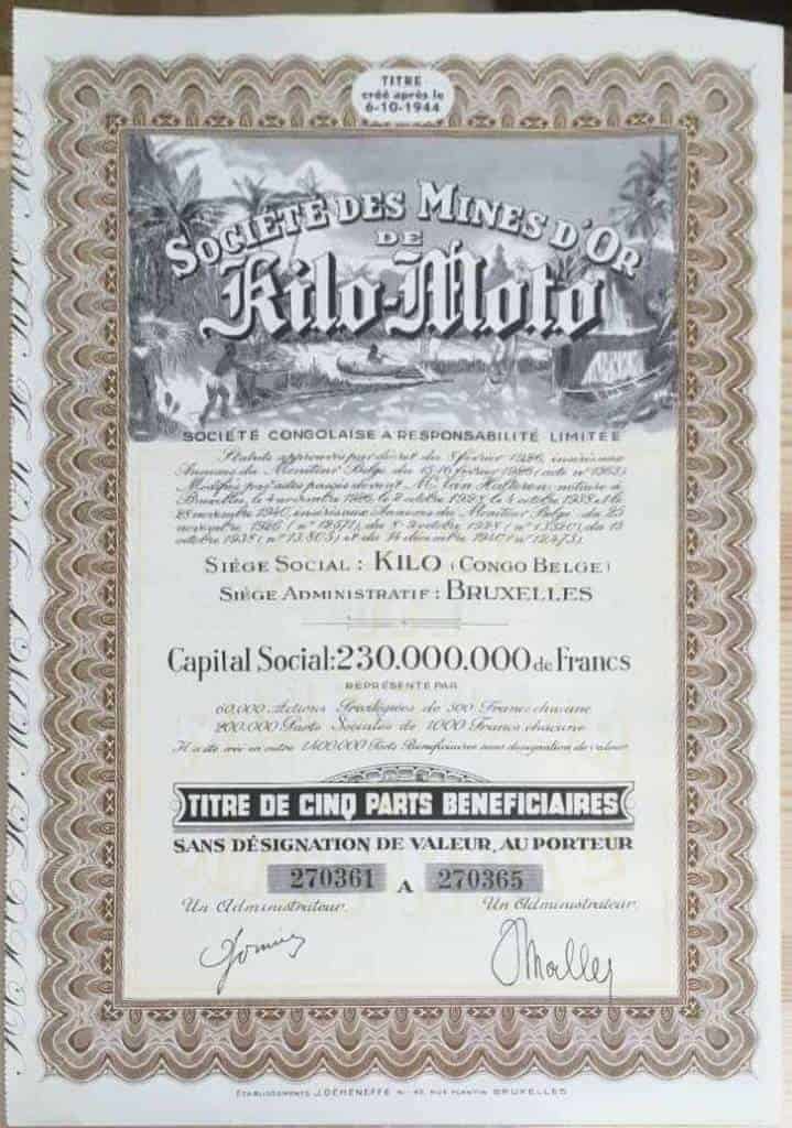 Aktiebrev/Stock certificate Societe de Mines D'Or Kilo-Moto