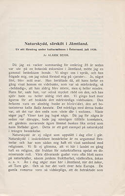 Alarik Behm : Naturskydd, särskilt i Jämtland