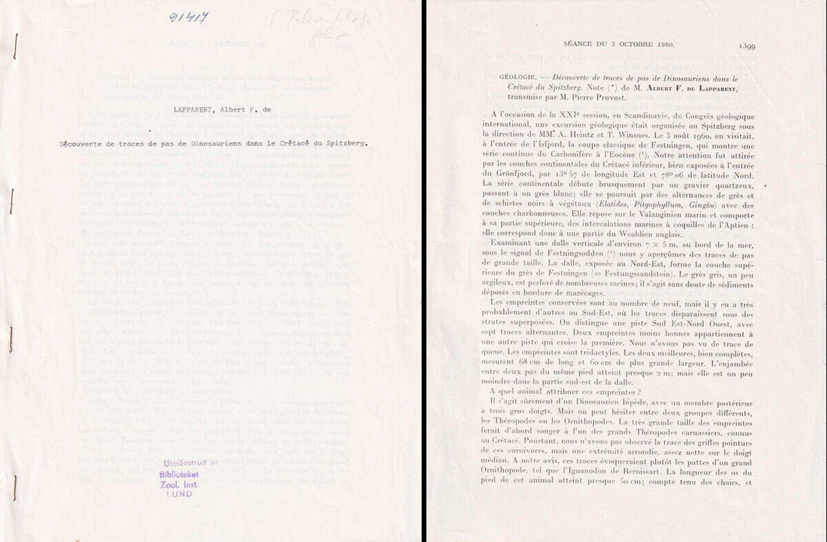 Albert F. de Lapparent : Découverte de traces de pas de Dinosauriens dans le Crétacé du Spitzberg. Note