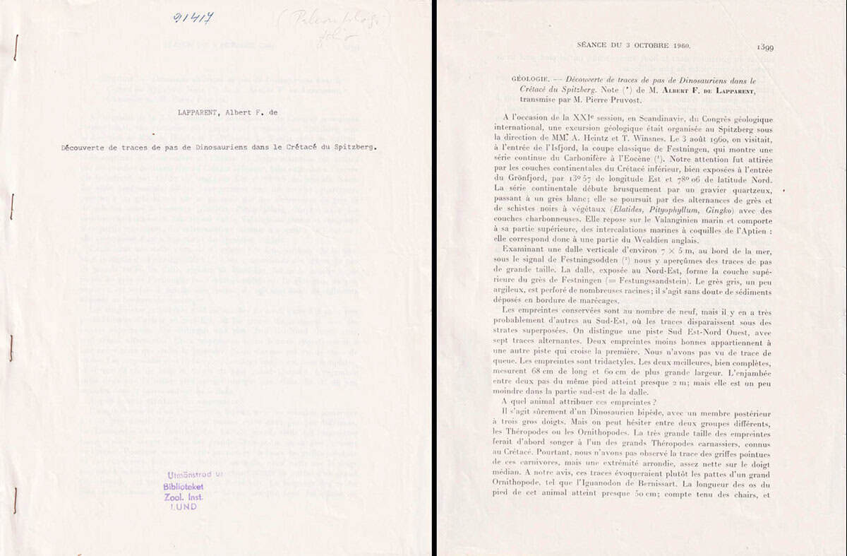 Albert F. de Lapparent : Découverte de traces de pas de Dinosauriens dans le Crétacé du Spitzberg. Note