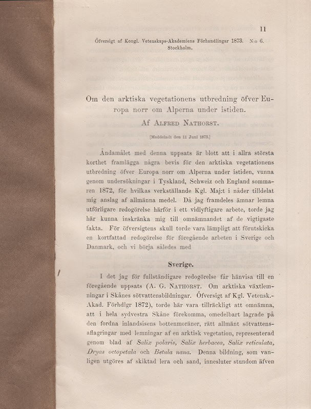 Alfred Nathorst : Om den arktiska vegetationens utbredning öfver Europa norr om Alperna under istiden