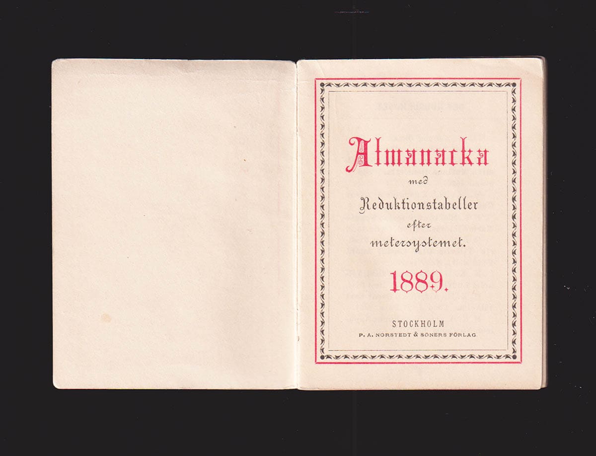 Almanacka med Reduktionstabeller efter metersystemet 1889