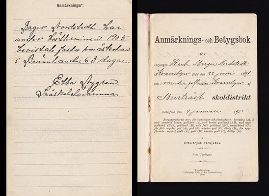 'Anmärknings-och Betygsbok för Karl Birger Nordestedt Kvarnbyn 1905' [=pärmtitel] (Kvarnbyn, Burträsk)