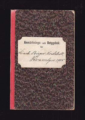 'Anmärknings-och Betygsbok för Karl Birger Nordestedt Kvarnbyn 1905' [=pärmtitel] (Kvarnbyn, Burträsk)