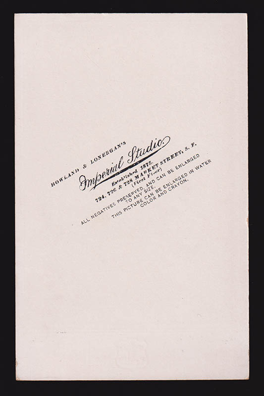 [Ateljéfotografi ; Kabinettfotografi ; 2 st] : Howland & Lonergan’s Imperial Studio, 724, 726 & 728 Market Street, S. F. (San Francisco USA, ateljé)