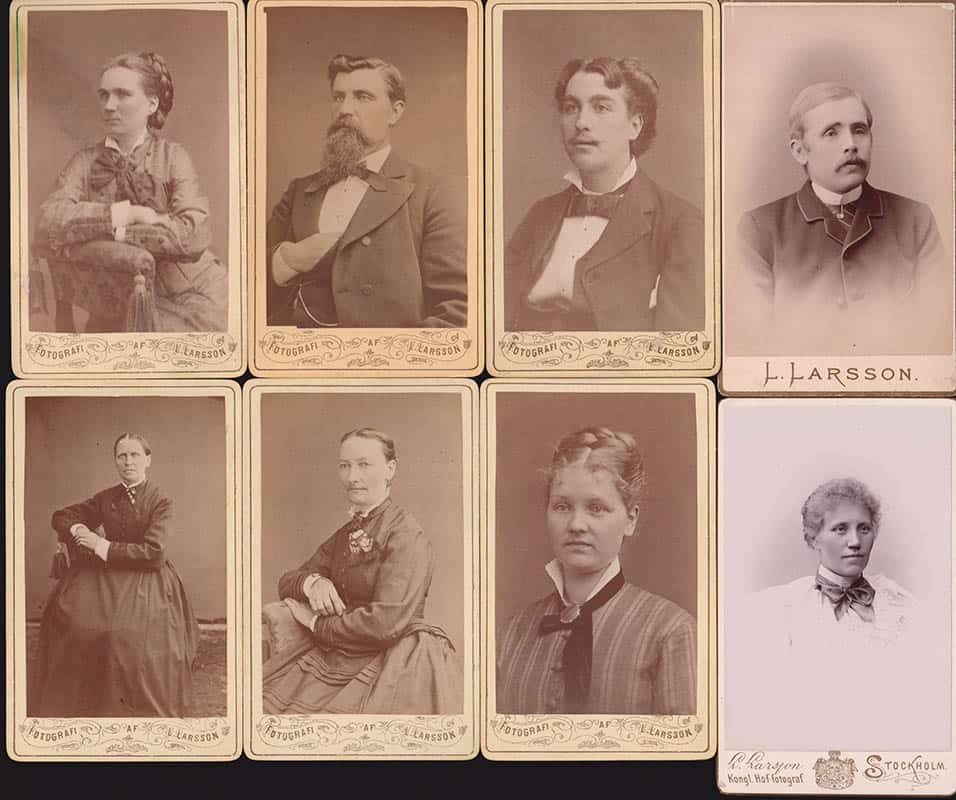 [Ateljéfotografi ; Kabinettfotografi ; 9 st] : 'Finn' Lars Larsson (1858-1932) (Skönvik?) + Ofvanmyra + Rättvik + Stockholm humlegårdsgatan 21 (hovfotograf)
