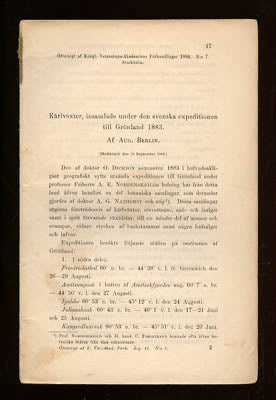Aug. Berlin : Kärlväxter, insamlade under den svenska expeditionen till Grönland 1883