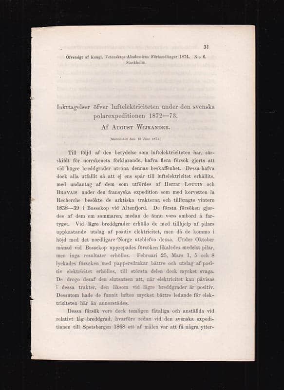 Aug. Wijkander : Iakttagelser öfver luftelekriciteten under den svenska polarexpeditionen 1872-73. [Meddeladt den 10 Juni 1874]