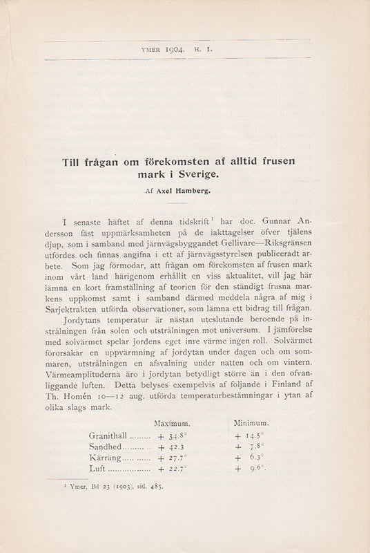 Axel Hamberg : Till frågan om förekomsten af alltid frusen mark i Sverige