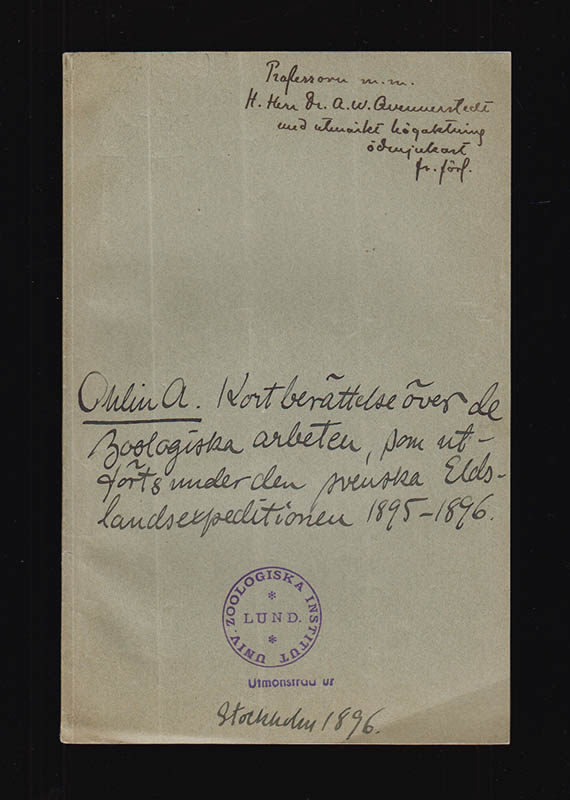 Axel Ohlin : Kort berättelse öfver de zoologiska arbeten, som utförts under den svenska Eldslandsexpeditionen 1895-1896