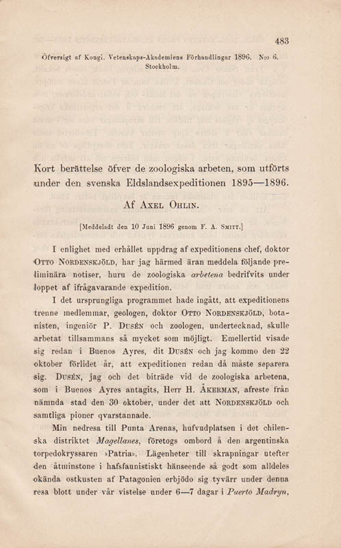 Axel Ohlin : Kort berättelse öfver de zoologiska arbeten, som utförts under den svenska Eldslandsexpeditionen 1895-1896