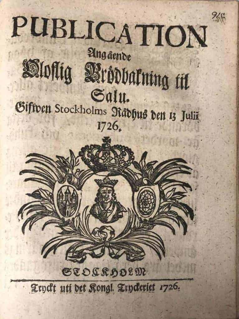 (Bageri) Publication angående Oloflig Brödbakning til salu. 1726