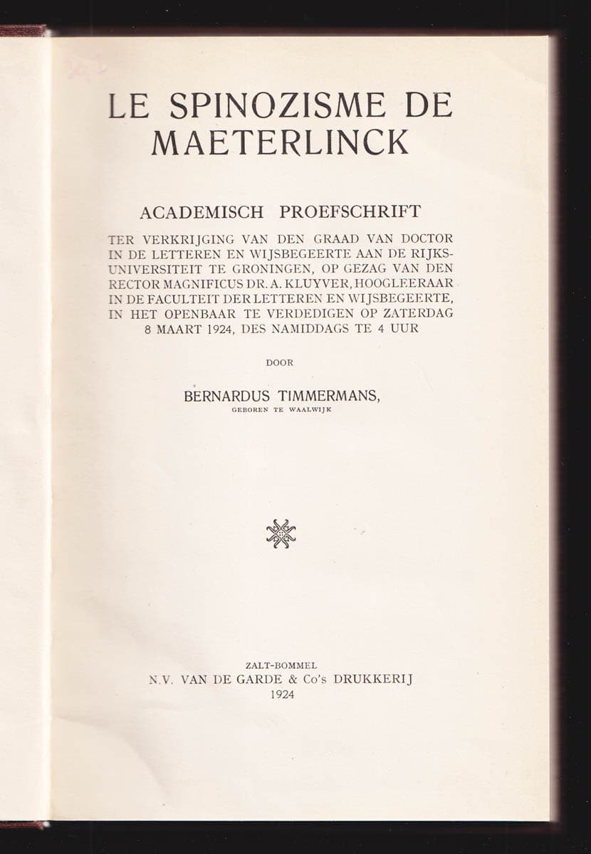 Bernardus Timmerman : Le Spinozisme de Maeterlinck. Academish proefschift