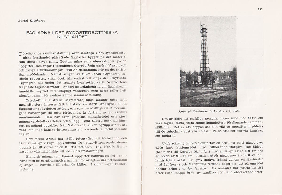 Bertel Klockars : Fåglarna i det sydösterbottniska kustlandet + Komplettering för åren 1956-1960