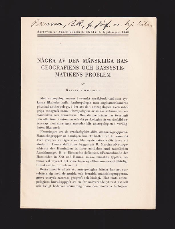 Bertil Lundman : Några av den mänskliga rasgeografiens och rassystematikens problem