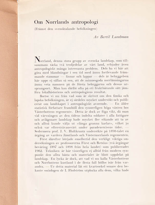 Bertil Lundman : Om Norrlands antropologi