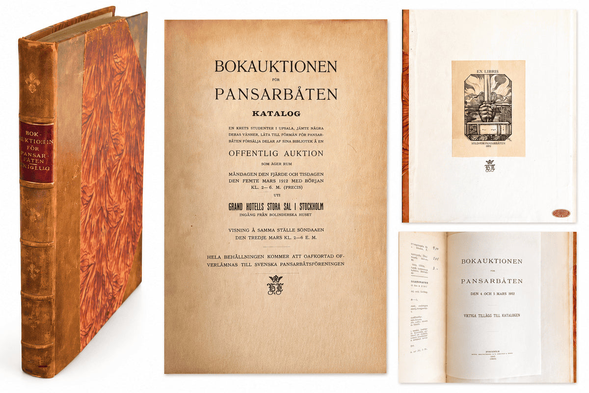 Bokauktionen för pansarbåten, katalog. En krets studenter i Uppsala, jämte några deras vänner, låta till förmån för pansarbåten försälja delar af sina bibliotek å en offentlig auktion, som äger rum måndagen den fjärde och tisdagen den femte mars 1912 med början kl. 2,30 e.m. (precis) uti Grand hotells stora sal i Stockholm [...] hela behållningen kommer att oafkortat öfverlämnas till Svenska pansarbåtsföreningen. + Bokauktionen för pansarbåten den 4 och 5 mars 1912, viktiga tillägg till katalogen.