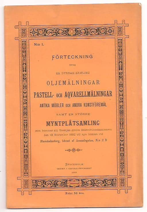 Bukowski katalog nr 1 : Förteckning öfver en dyrbar samling oljemålningar pastell- och aqvarellmålningar, antika möbler och andra konstföremål samt en större myntplåtsamling