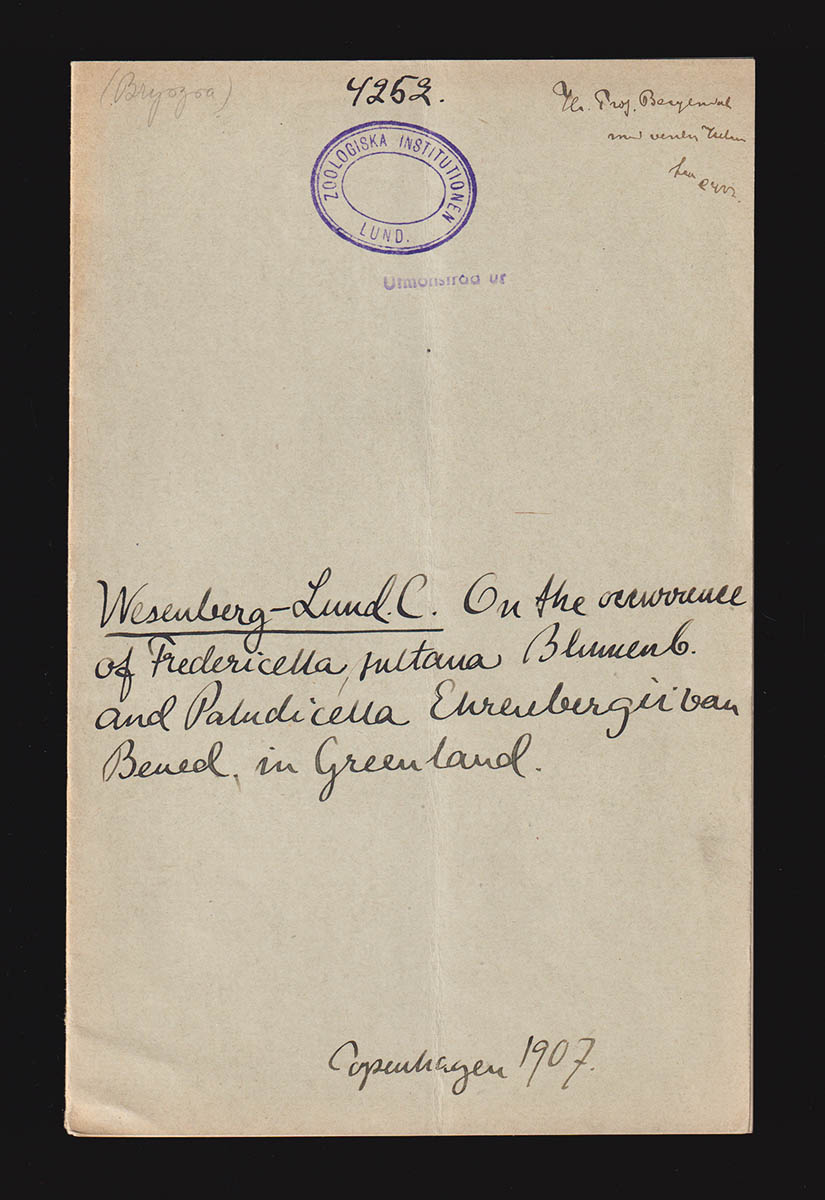 C. Wesenberg-Lund : On the occurrence of Fredericella sultana Blumenb. and Paludicella Ehrenbergii van Bened. in Greenland (dedikation)