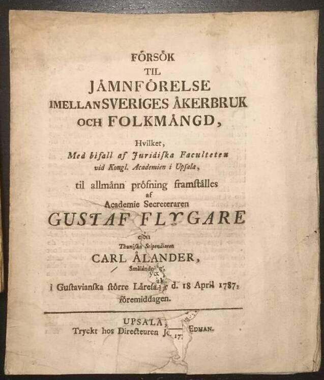 Carl Ålander : Försök til jämnförelse imellan Sveriges åkerbruk och folkmängd