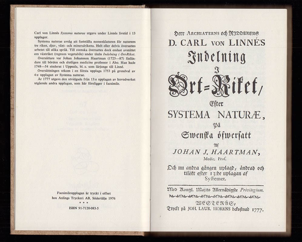 Carl von Linné : Indelning i ört-riket efter Systema naturae