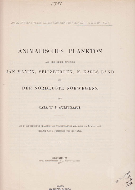 Carl W. S. Aurivillius : Animalisches Plankton aus dem Meere zwischen Jan Mayen, Spitzbergen, K. Karls Land und der Nordküste Norwegens
