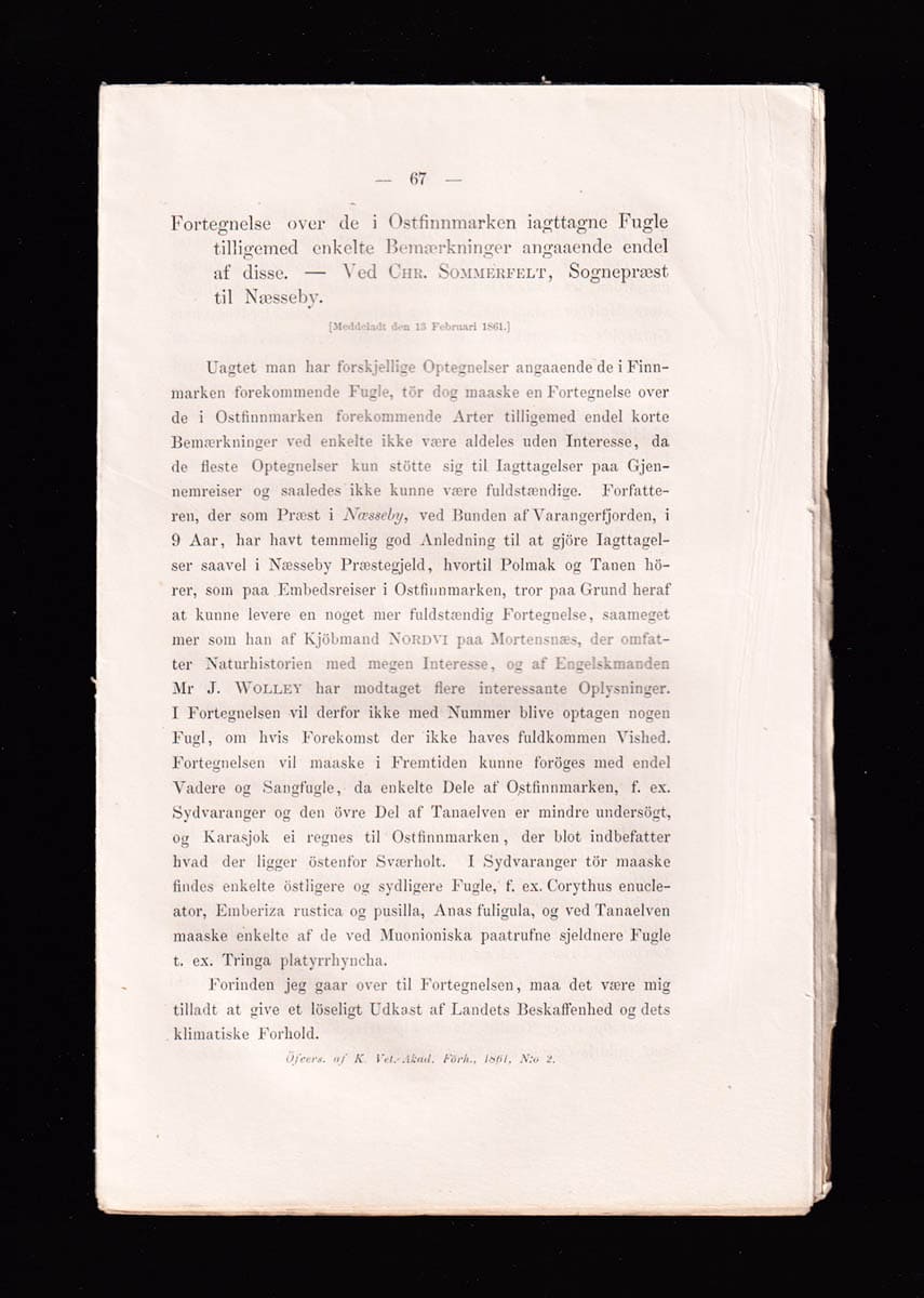 Christian Sommerfelt : Fortegnelse over de i Ostfinnmarken iagttagne Fugle tilligemed enkelte Bemaerkninger angaaende endel af disse. [Meddeladt den 13 Februari 1861]