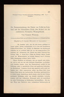 Clemens von Winkler : Zur Zusammensetzung des Eisens von Ovifak in Grönland und der bituminösen Kohle (des Kolms) aus der cambrischen Formation Westergötlands